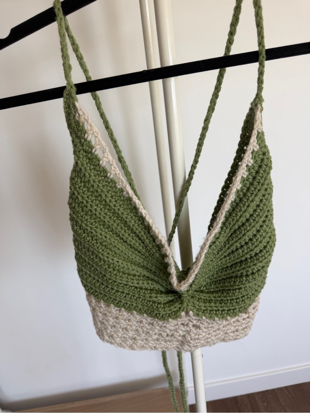 Handmade Sage Green & Cream Crochet Halter Crop Top – Open Back Cinch Tie (S/M)